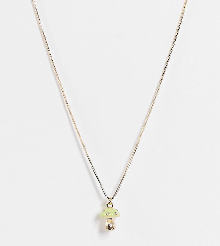 Asos Design Curve Necklace With Green Mushroom Pendant In Gold Tone
