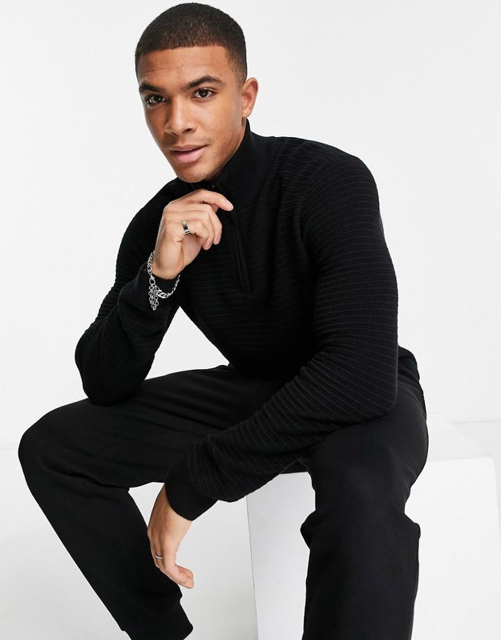 Hollister Half Zip Lightweight Texture Knit Sweater In Black