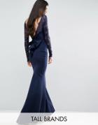 City Goddess Tall Fishtail Maxi Dress With Lace Sleeves And Bow Back - Navy