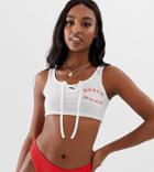 Asos Design Tall 'beach Bunny' Jersey Crop Top With Lace Up Detail - White
