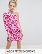 Asos Petite 80's Mini One Shoulder Dress In Animal Jacquard - Pink