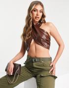 Parisian Halter Neck Cross Front Faux Leather Top In Chocolate Brown - Part Of A Set