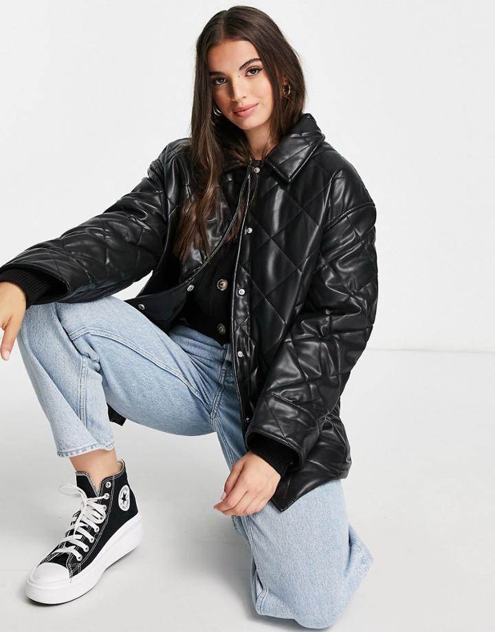 Asos Design Faux Leather Quilted Padded Jacket In Black