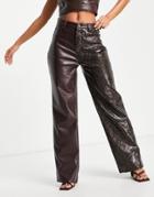 Missguided Straight Leg Spliced Pants In Brown Faux Leather