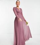 Asos Design Tall Bridesmaid Ruched Waist Maxi Dress With Long Sleeves And Pleat Skirt In Mauve-purple