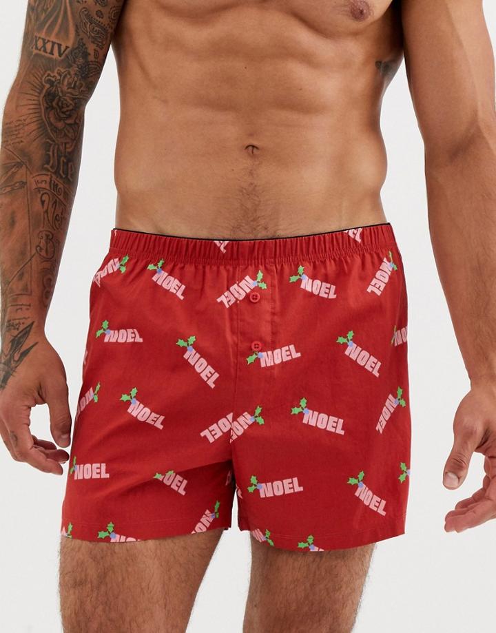 Asos Design Holidays Woven Boxer Short In Red With Noel Slogan