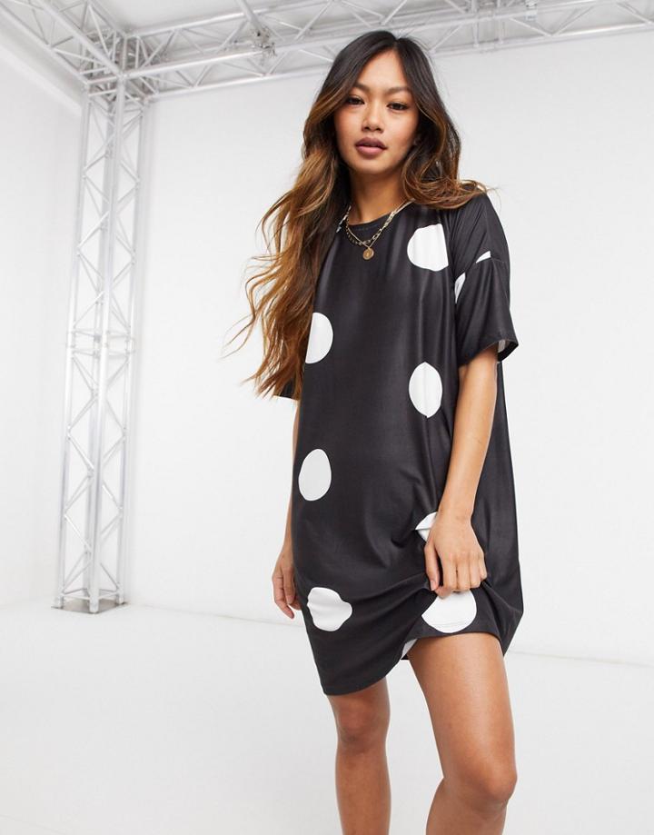 Urban Threads Oversized T-shirt Dress In Oversized Polka Dot Print-black