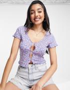 Monki Button Front Tee With Lettuce Hem Detail In Blue Ditsy Floral