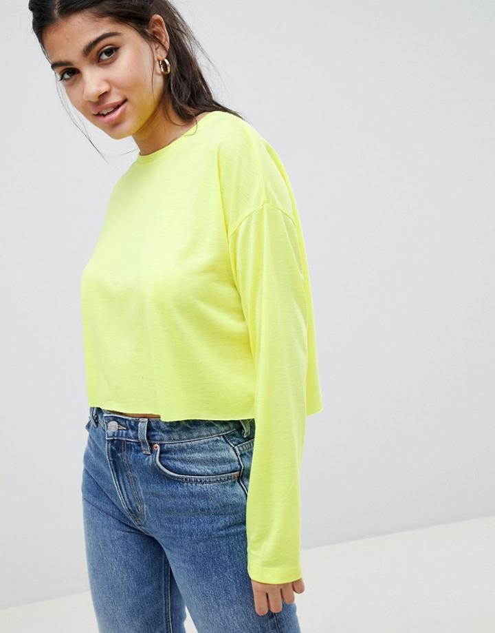 Asos Design Crop Boxy T-shirt With Long Sleeves In Neon - Yellow