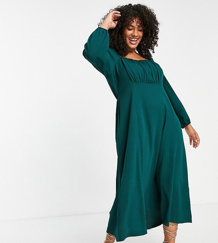 Asos Design Curve Square Ruched Neck Midi Dress In Bottle Green