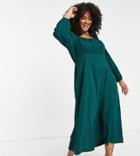 Asos Design Curve Square Ruched Neck Midi Dress In Bottle Green