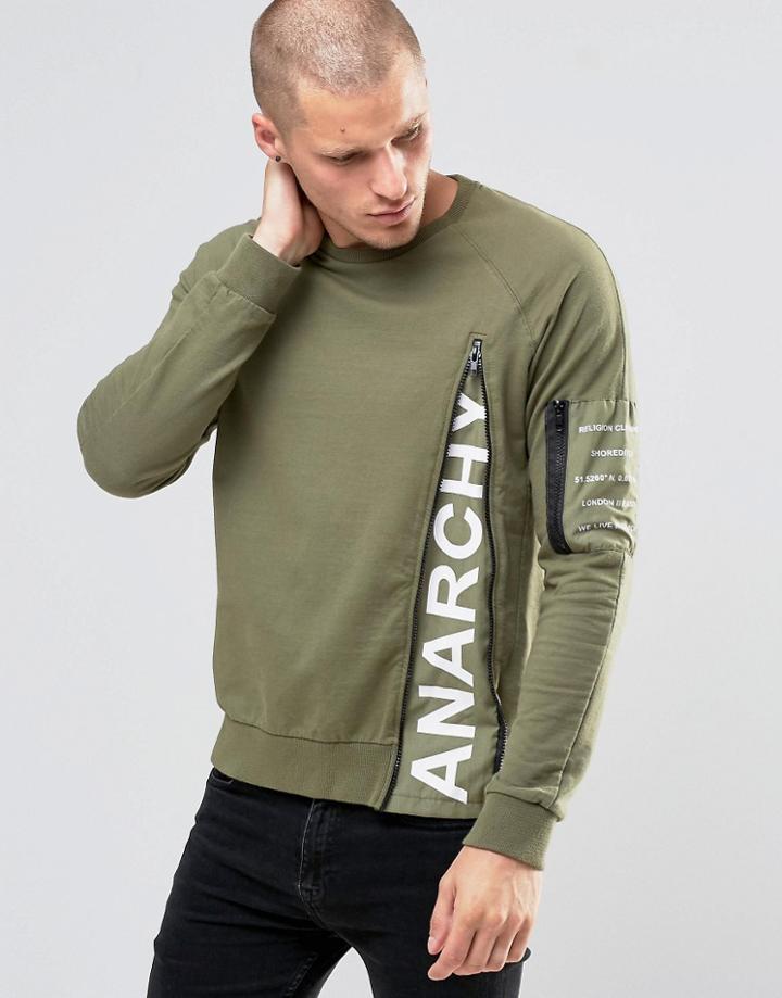 Religion Anarchy Sweat With Zip Detail - Khaki Smu