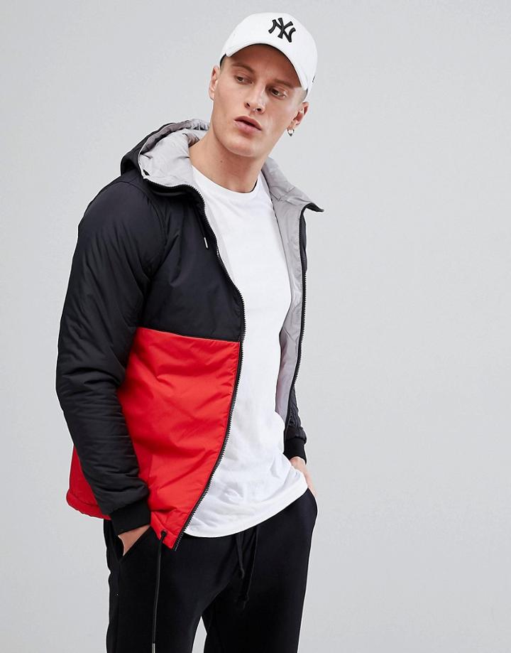 Pull & Bear Reversible Color Block Jacket In Black And Red - Red
