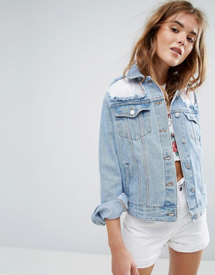 Pull & Bear Mesh Detail Denim Jacket - Blue