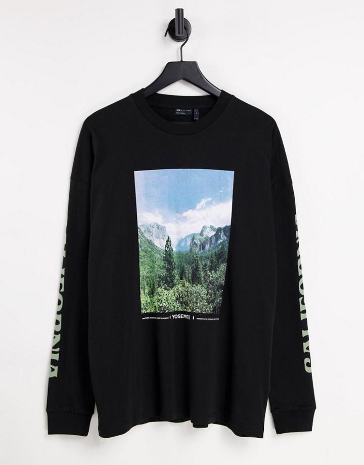Asos Design Oversized Long Sleeve T-shirt In Black With Mountain And Sleeve Prints