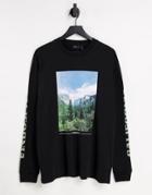 Asos Design Oversized Long Sleeve T-shirt In Black With Mountain And Sleeve Prints
