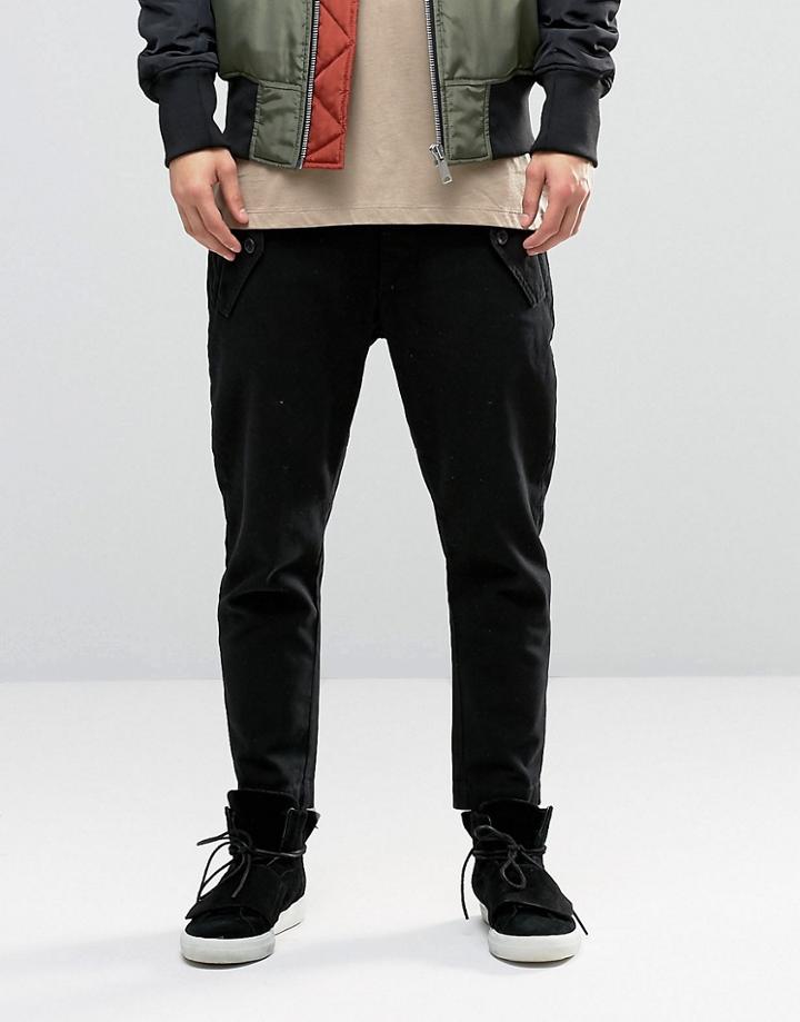Asos Tapered Cropped Trousers With Military Pockets In Black - Black