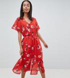 Missguided Tall Floral Button Front Midi Dress - Red