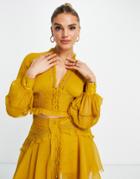 Asos Design Ruffle Detail Top With Ruching And Lace Insert Detail - Part Of A Set-yellow