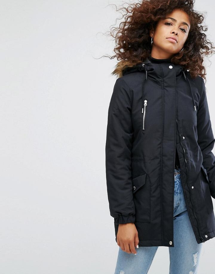 Noisy May Faux Fur Parka - Black