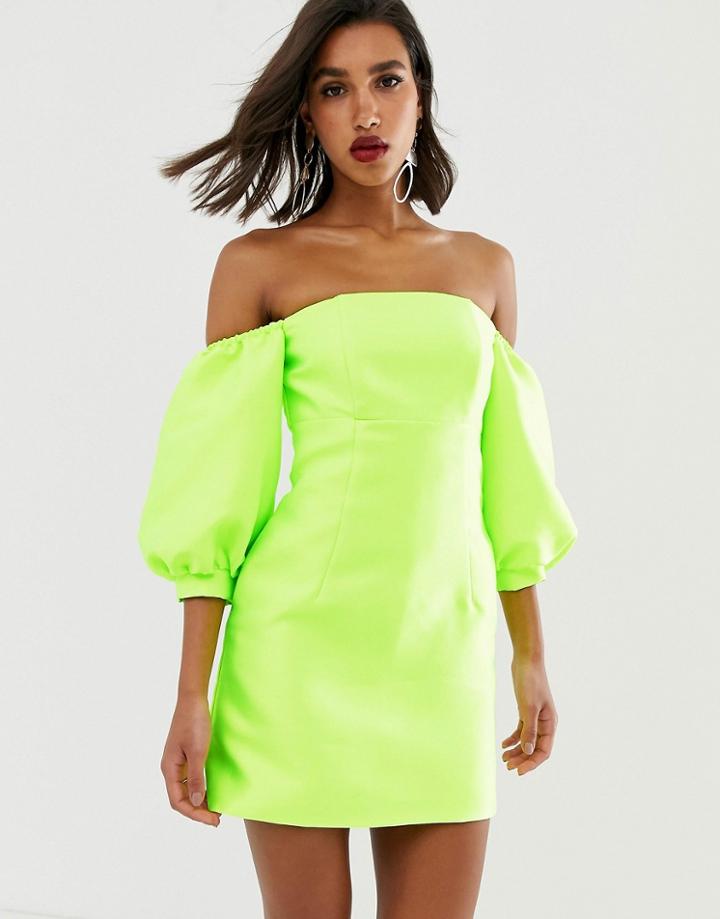 Asos Edition Puff Sleeve Off Shoulder Mini Dress - Yellow