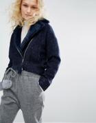 I Love Friday Biker Jacket With Faux Fur Collar - Navy