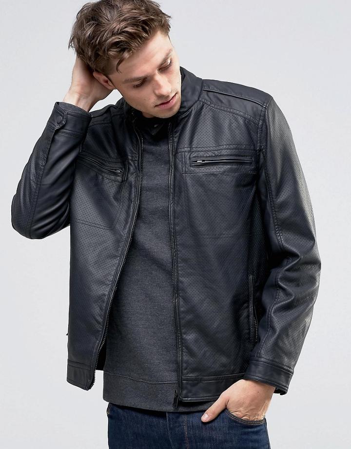 Brave Soul Perforated Faux Leather Biker Jacket - Black