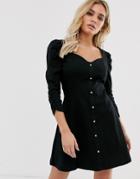 Asos Design Puff Sleeve Popper Front Tea Dress - Black