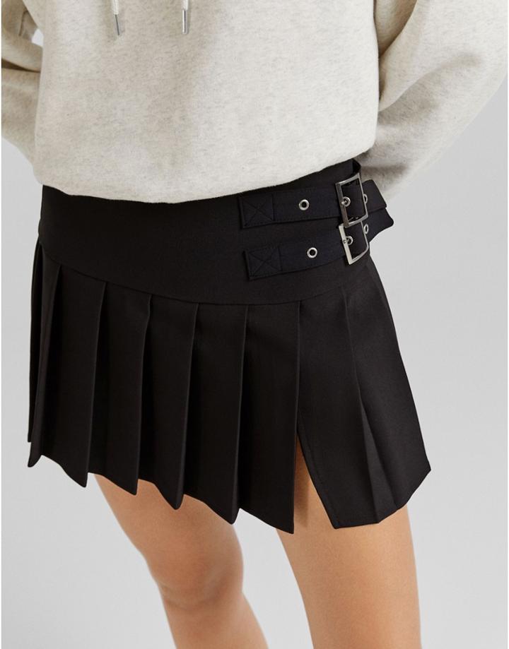 Bershka Buckle Detail Pleated Mini Skirt In Black