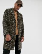 Asos Design Wool Mix Overcoat In Leopard Print-black