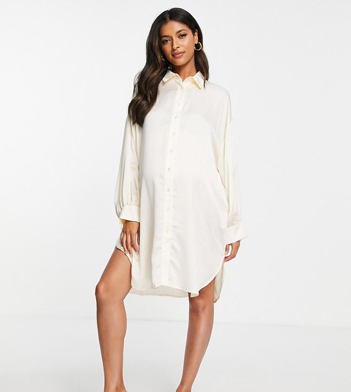 Glamorous Bloom Oversized Satin Shirt Dress In Cream-white