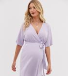 Asos Design Maternity Plunge Tie Waist Kimono Sleeve Jersey Slinky Beach Cover Up In Icy Lilac