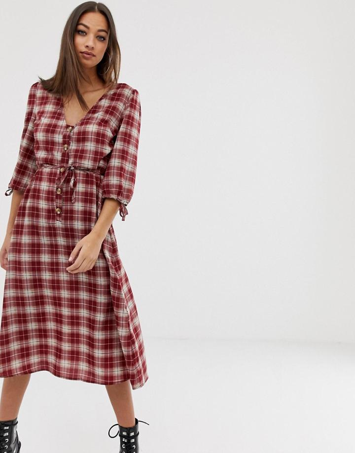 Prettylittlething Tie Waist Midi Dress In Red Check - Multi