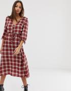 Prettylittlething Tie Waist Midi Dress In Red Check - Multi