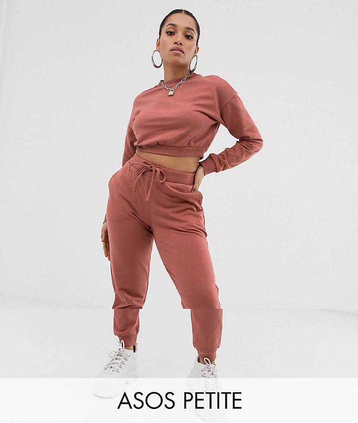Asos Design Petite Tracksuit Cropped Sweat / Slim Jogger With Tie - Pink