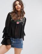 Boohoo Embroidered High Neck Tiered Sleeve Blouse - Black