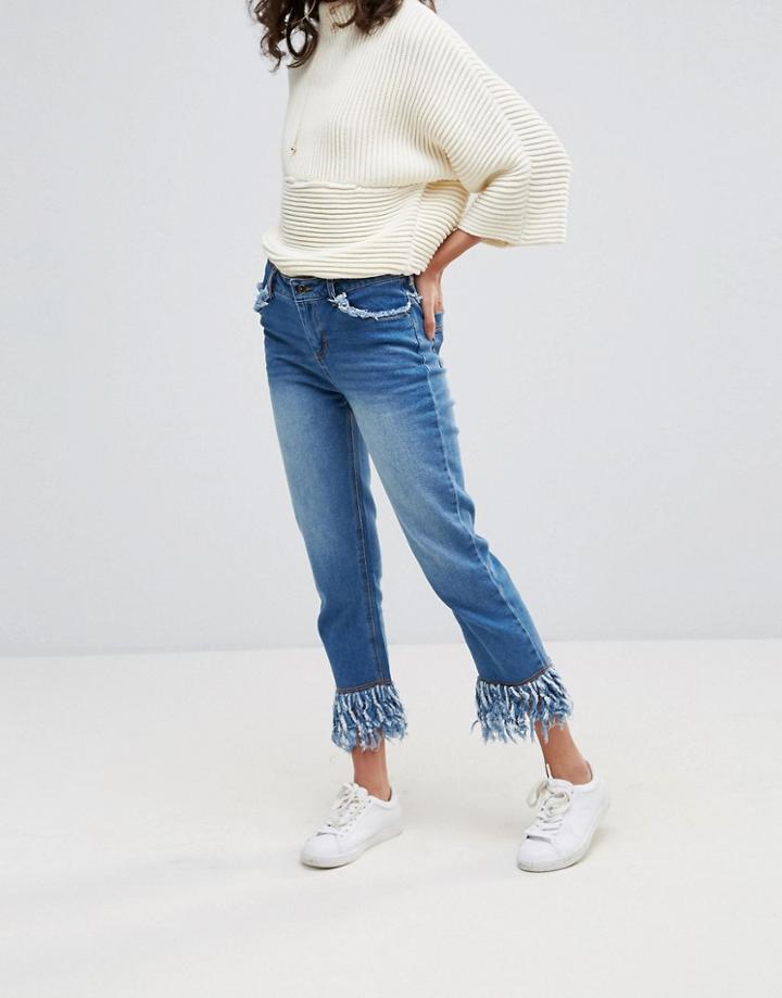 Neon Rose Tassel Hem Jeans - Blue