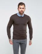 Asos Muscle Fit Crew Neck Sweater In Merino Wool - Brown
