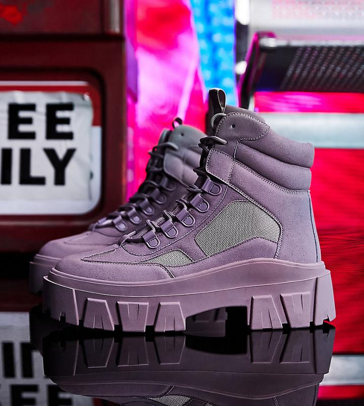 Asos Design Lace Up Boots In Lilac Faux Suede With Chunky Sole-purple