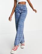 Topshop Baggy Jean In Mid Blue Check-blues