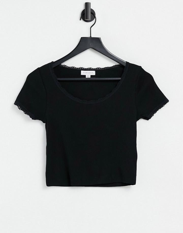 Topshop Lace Trim Scoop T-shirt In Black