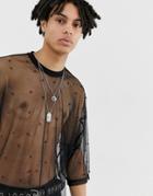 Asos Design Oversized Longline T-shirt With Half Sleeve In Mesh With Embellished Beads - Black