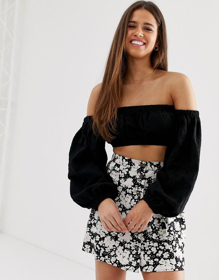 Asos Design Broidery Top With Off Shoulder - Black