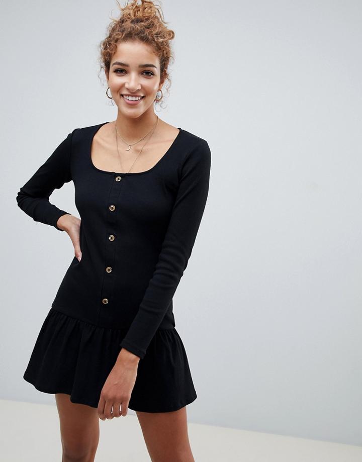 Asos Design Rib Mini Button Through Dress With Pep Hem - Black