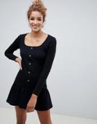 Asos Design Rib Mini Button Through Dress With Pep Hem - Black