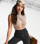 Missguided Wrap Top With Tie Detail In Taupe-neutral