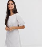 Asos Design Petite Linen Mini Dress With Puff Sleeves - White