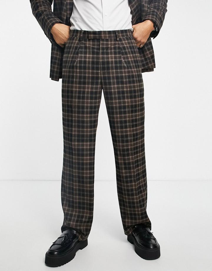 Topman Check Wide Leg Pants In Brown