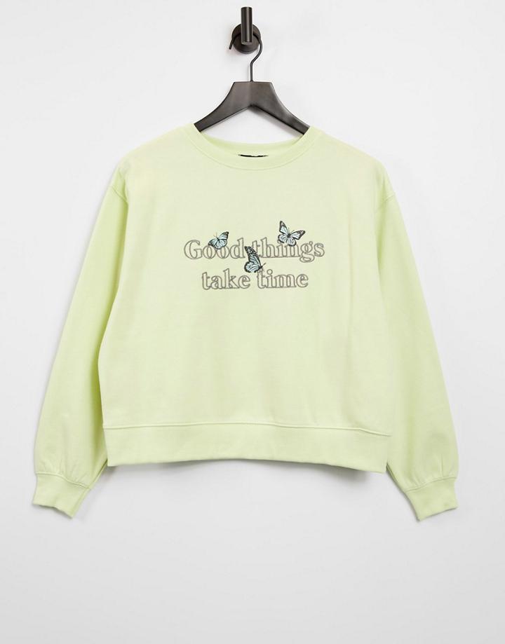 New Look Good Things Slogan Sweatshirt In Lime Green