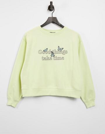 New Look Good Things Slogan Sweatshirt In Lime Green